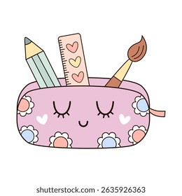 Cute pencil case clipart, groovy school supplies, back to school, cute hand drawn vector illustration in flat style	
