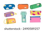 Cute pencil case . Collection of pencil cases. Cute design in bright colors. Flat cartoon doodle design style vector illustration. Back to school .