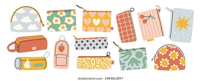 Cute pencil case set. Collection of pencil cases. Cute design in pastel colors. Flat design style vector illustration.