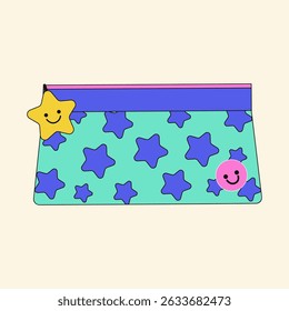 Cute pencil case with star pattern. Cartoon style vector illustration.