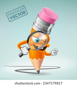 Cute Pencil character cartoon vector looking through a magnifying glass, back to school