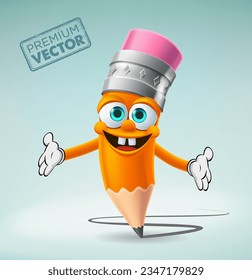 Cute Pencil character cartoon vector holding both hands to the side, back to school