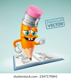 Cute Pencil character cartoon vector writing in notebook drawing picture, back to school