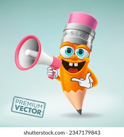 Cute Pencil character cartoon vector speaking with megaphone, back to school