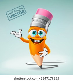 Cute Pencil character cartoon vector raising one hand, one hand on waist, back to school