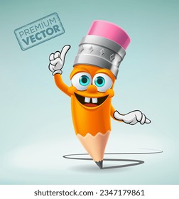 Cute Pencil character cartoon vector raising index finger, raising arm, back to school