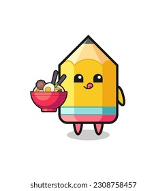 cute pencil character eating noodles , cute style design for t shirt, sticker, logo element