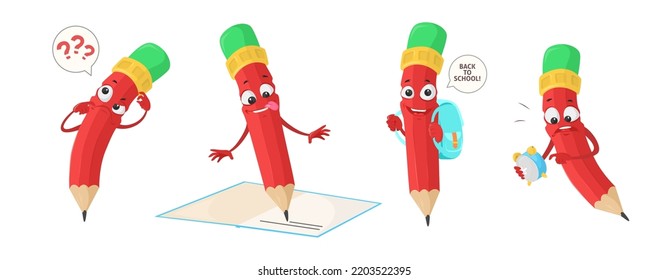 Cute pencil character school supply isolated vector set. Funny emoji with different emotion. Funny cartoon pen writing, having question and looking at alarm clock illustration