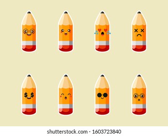 Cute pencil characters with different emotions set vector illustration.  funny stationary flat style design for kid, school, education concept