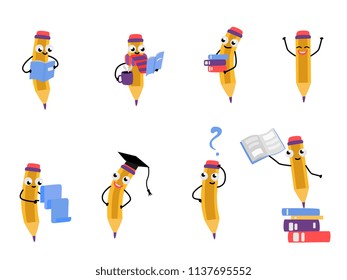 Cute pencil characters with eraser holding books, coffee scrolls wearing scarf, graduation cap set. Happy vector hymanized education and back to school symbols with arms, legs facial emotions