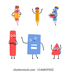 Cute pencil characters holding books and school supply - ruler, textbook and eraser waving hand set. Happy vector hymanized education and back to school symbols with arms, legs facial emotions
