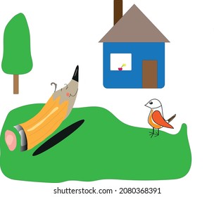 cute pencil draw himself a house