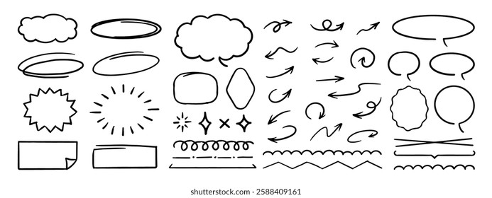 Cute Pencil Emphasis Squiggles Vector Set. Chalk Scribble Graffiti Arrows Frames Speech Bubbles Underlines. Hand Drawn Brush Texture Star Shapes Highlights. Pen Crayon Childish Charcoal Doodles