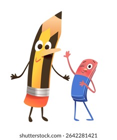 Cute Pencil and Eraser characters friends waving and cheering. Humorous playful School Supplies characters for kids education. Back to school cartoon clip art. Cartoon vector illustration for children