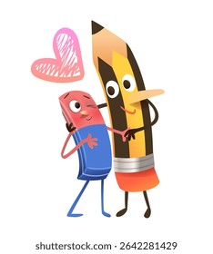 Cute pencil and Eraser characters in Love, hugging couple. Humorous playful School Supplies characters for kids education. Back to school cartoon clip art. Cartoon vector illustration for children.