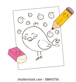 Cute pencil and eraser drawing a funny bird sketch