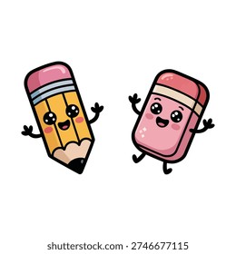 Cute pencil and eraser mascot pair vector for back to school season, classroom poster, handwriting workshop, kids study materials