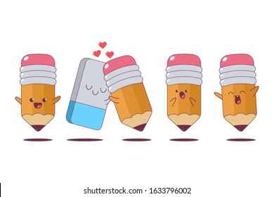 Cute pencil and eraser vector cartoon characters set isolated on a white background.