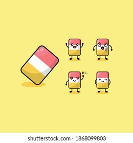Cute pencil and eraser vector cartoon characters set isolated on a white background.