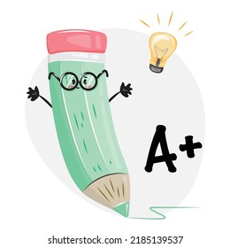 Cute pencil with glasses ready to study. Back to school concept illustration. Education concept illustration with green pencil writing a good grade. Flat cartoon style illustration.