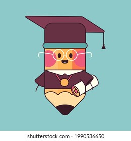 Cute pencil in graduate hat vector cartoon character isolated on background.