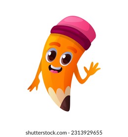 Cute pencil happy character in  waving pose. Personage with eyes, hands, hello expression.School supplies, education stationery mascot emoticon.Funny educational stuff face emoji.Back to school vector