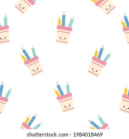 cute pencil holder character with pencils seamless pattern background. flat illustration