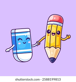 Cute Pencil Holding Hand With Eraser Cartoon Vector Icon Illustration. Education Object Icon Concept Isolated Premium Vector. Flat Cartoon Style