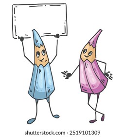 Cute pencil holding a poster and explaining something, and the other pencil looking at him. Situation about education, study or learning. Vector Funny characters stationery.