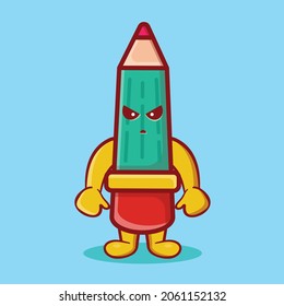cute pencil mascot with mad gesture isolated cartoon in flat style