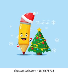 Cute pencil mascot wishes you a merry Christmas