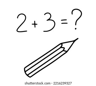 Cute pencil and mathematical example. Doodle handmade naive monochrome illustration isolated on white background