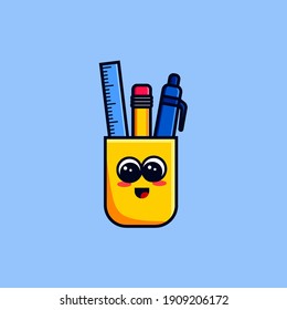 Cute Pencil and pen in glass character icon design. Vector illustration of school objects. back to school tools concept. kawaii character