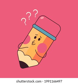 Cute pencil with question mark vector cartoon character isolated on background.