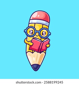 Cute Pencil Reading Book Cartoon Vector Icon Illustration. Education Object Icon Concept Isolated Premium Vector. Flat Cartoon Style