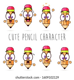 Cute pencil rubber eraser cartoon comic character set. Different expressions character for back to school concept. Kawaii humanized funny pencil. Vector illustration isolated on white background