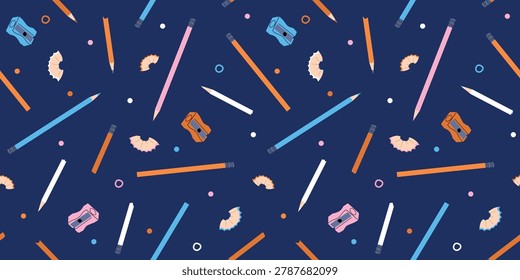 Cute pencil seamless pattern with sharpeners and pencil shavings. School stationery background for education design, classroom decor, wrapping paper and textile print. Flat vector illustration.