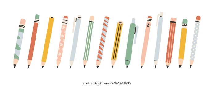 Cute pencil set. Collection of pencils. Cute design in pastel colors. Flat design style vector illustration.