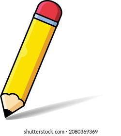 Cute Pencil With Shadow Vector Illustration On White Background. 