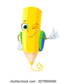 Cute pencil student winking and showing Okey gecture. Funny vector illustration.