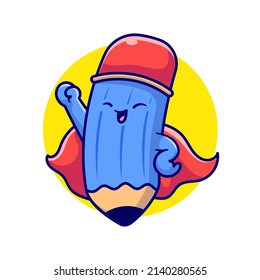 Cute Pencil Super Hero Cartoon Vector Icon Illustration. Object Education Icon Concept Isolated Premium Vector. Flat Cartoon Style