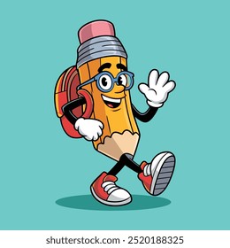 Cute pencil waving hand With a bag on his shoulder cartoon Vector icon illustration.