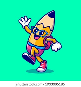 Cute Pencil Waving Hand Cartoon Vector Icon Illustration. People Education Icon Concept Isolated Premium Vector. Flat Cartoon Style