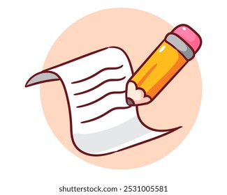 Cute Pencil Writing on Paper Cartoon Vector. Object and Education Concept Design