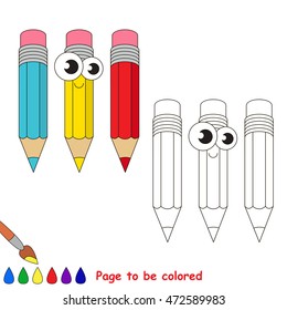 Cute pencils to be colored. Coloring book to educate kids. Learn colors. Visual educational game. Simple level. Coloring pages.