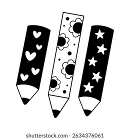 Cute pencils black and white clipart, groovy school supplies doodle, back to school, cute hand drawn vector illustration in flat style	
