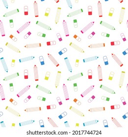 Cute pencils seamless pattern with erasers in red, yellow, orange, pink, green and blue on white background. For back to school, wallpaper, posters, textiles  and gift wrapping paper 
