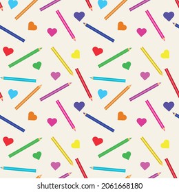 Cute pencils seamless pattern with heart shapes in red, orange, blue, orange ,yellow and green. Great for back to school  posters, textile and  gift wrapping paper 