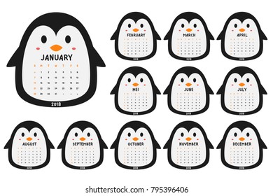 cute penguin 2018 calendar. printable 2018 calendar, cartoon vector. 2018 calendar template