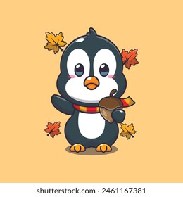 Cute penguin with acorns at autumn season. Mascot cartoon vector illustration suitable for poster, brochure, web, mascot, sticker, logo and icon.